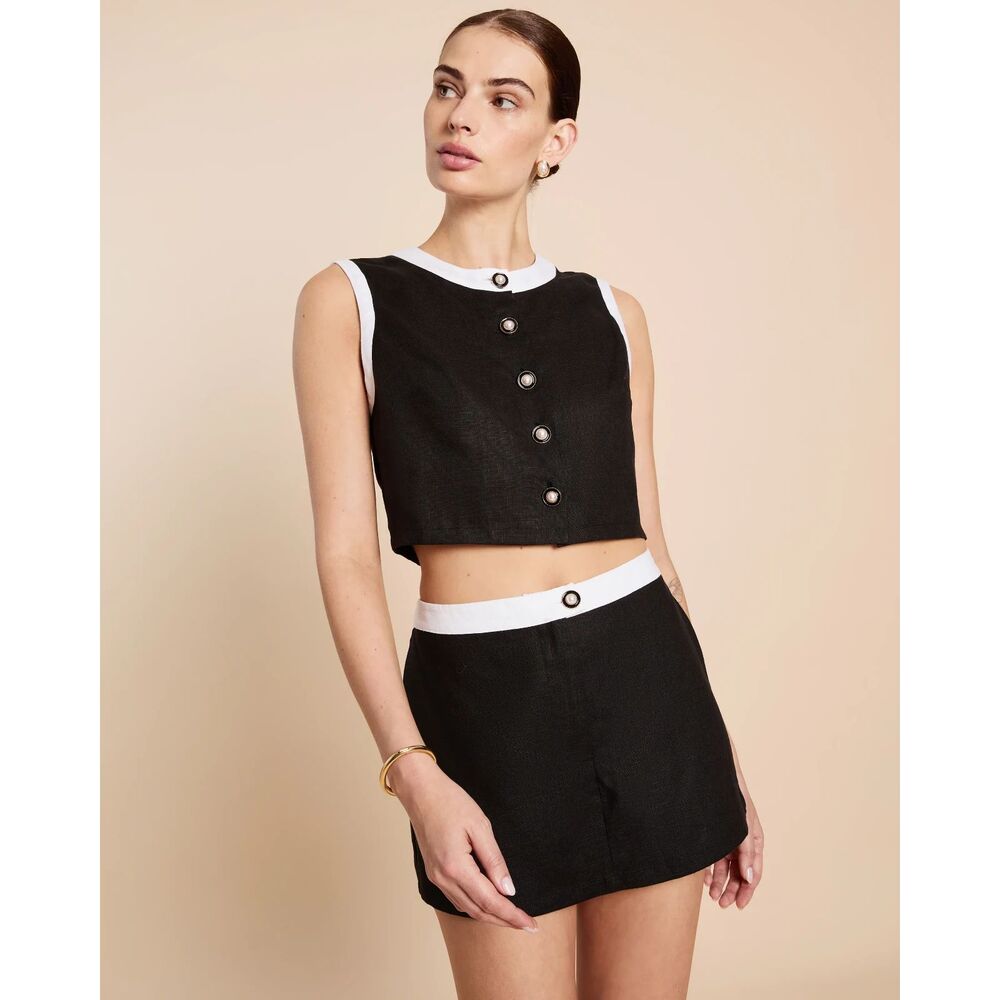 Meraki Black White Contrast Trim Sleeveless Button Front Vest Top Small